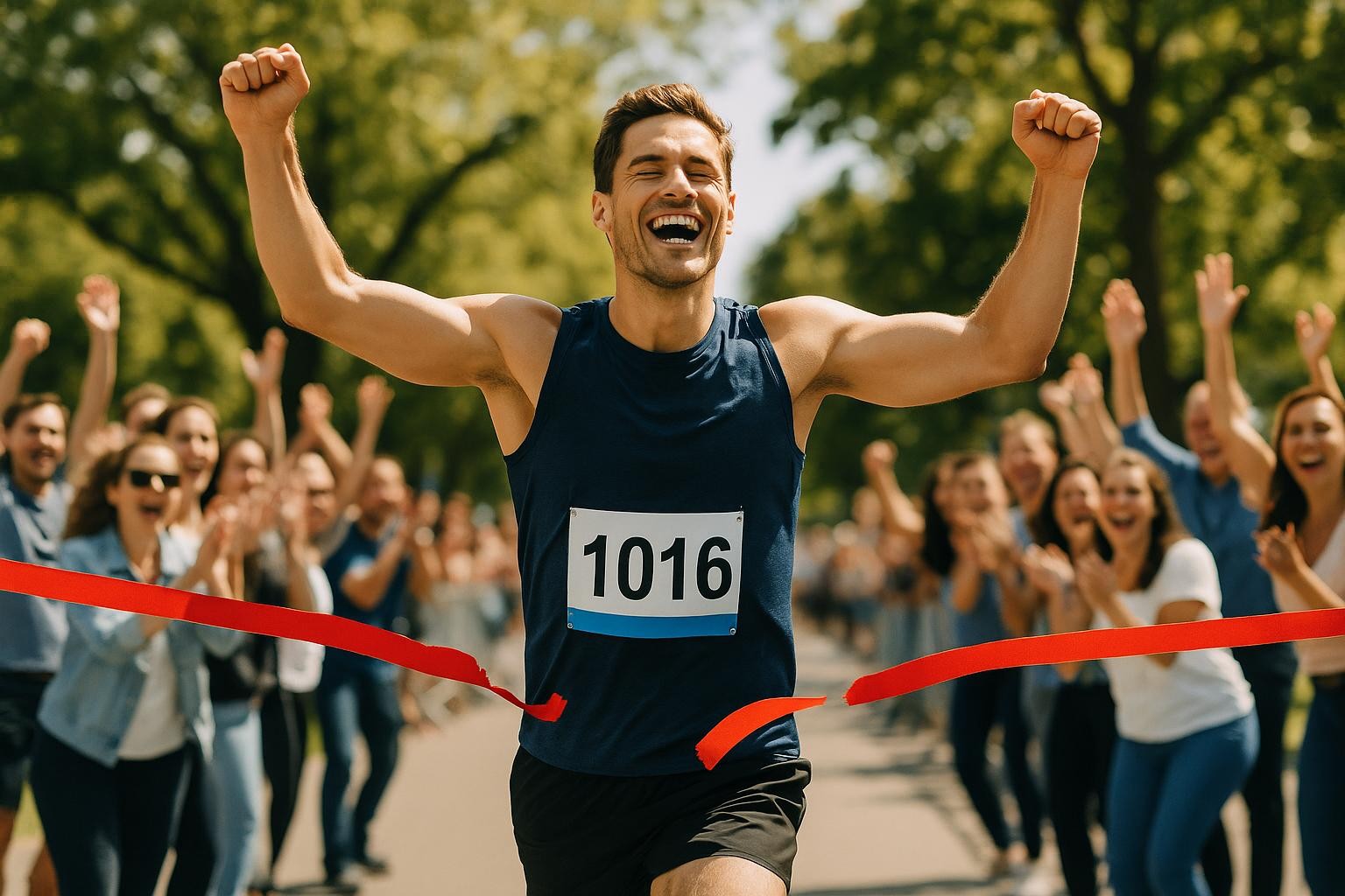 A runner crossing the finish line and breaking throught red tape in front of the cheering public.