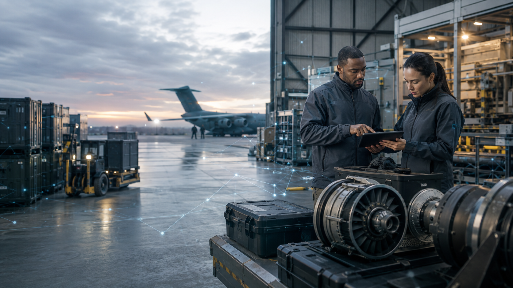 Defence logistics professionals reviewing supply chain data inside an aerospace maintenance and distribution facility.